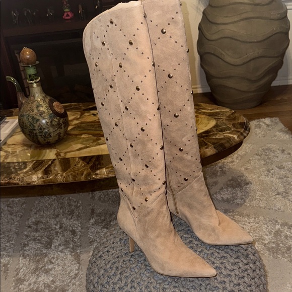 Vince Camuto Studded Tan Heeled Boots. 10M. Wide calf. Leather/Suede. 3 inches - Picture 1 of 10